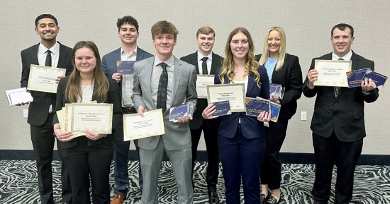 UNK FBLA Collegiate members pose with their awards during the State Leadership Conference in Kearney. Pictured, front row, from left, are Brooke Thoendel, Connor Reeson and Courtney Cox and, back row, from left, Omar Sanchez, Austin Kenner, Cody Swinarski, Olivia Lawless and Kaden Gilbert. (Courtesy photo)