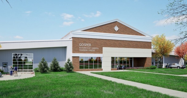 An artist’s rendition of the new automotive careers training center at Central Community College-Hastings. Groundbreaking ceremonies were held on May 2 and completion is expected in late 2026 or early 2027. (Photo courtesy of CCC)