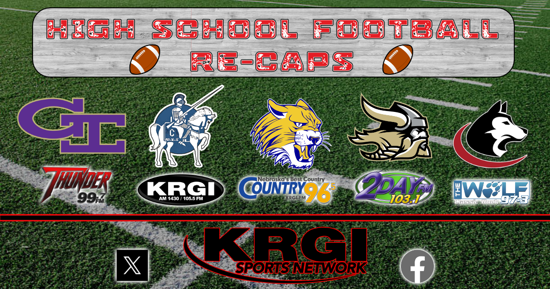 Football field in the background with the words high school football friday recaps overlaid on top.