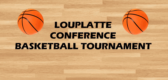 Basketball court floor in the background with the words Louplatte conference basketball tournament overlaid in the center.